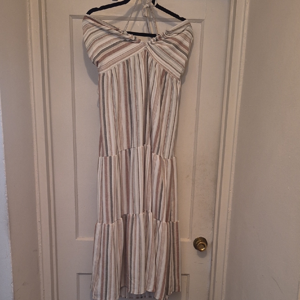 Madden Girl Strapless Striped Dress - Cream and Brown